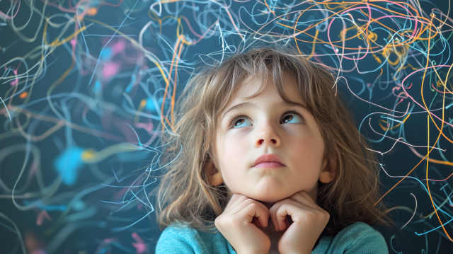 Photo of a child with a thoughtful expression, surrounded by graphic tangled lines and floating ideas, illustrating the complex and busy mind of a child with ADHD. Trauma behandeln: Lebensgeschichte wieder als sinnvoll, übereinstimmend und als Ganzes erlebt wird.